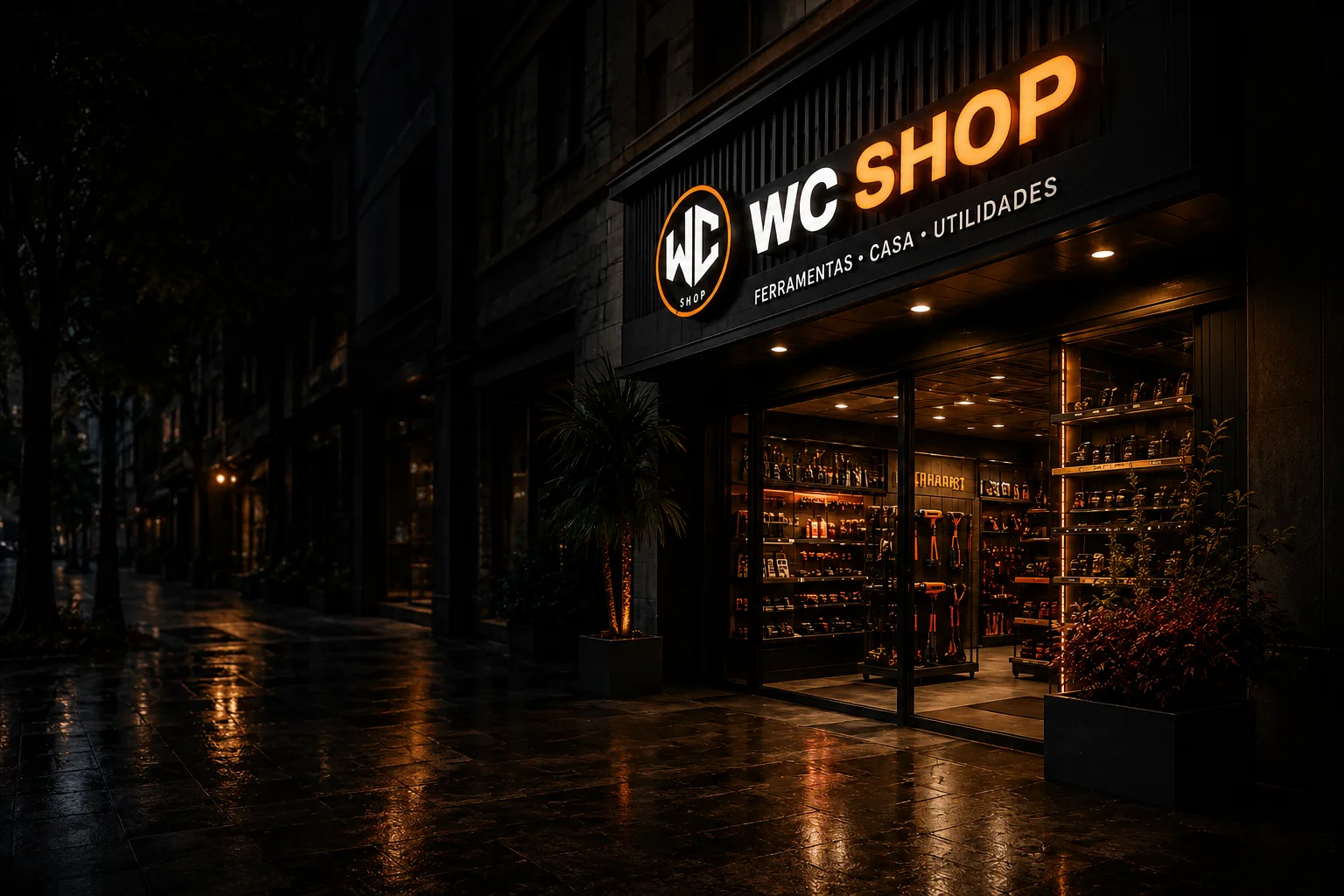 Fachada da loja WC SHOP à noite, com letreiro iluminado em laranja